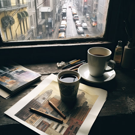 Coffee cup and newspaper on wooden table with city view backgroundの素材