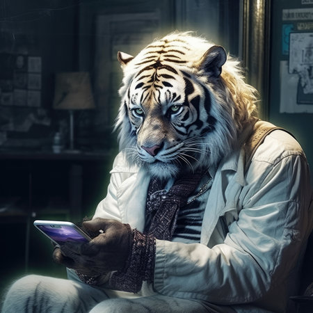 The tiger sits on a man's lap and uses a smartphone.の素材