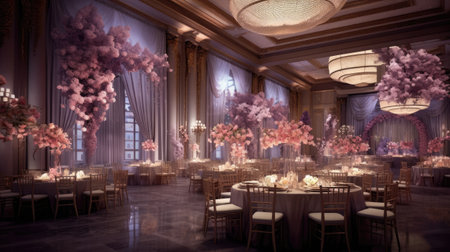 Luxury interior of a restaurant with flowers.の素材