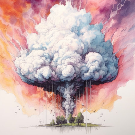 Watercolor Big explosion in the sky with smoke and clouds.の素材