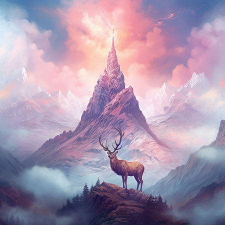 Fantasy landscape with a deer in the mountains.の素材