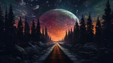 Fantasy landscape with a road leading to the moon in the night skyの素材