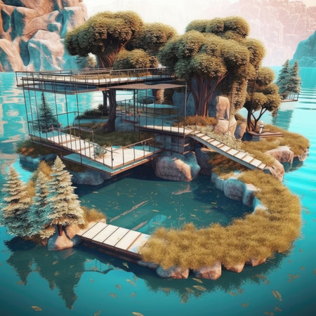 a lake with a wooden pier and a pond with treesの素材
