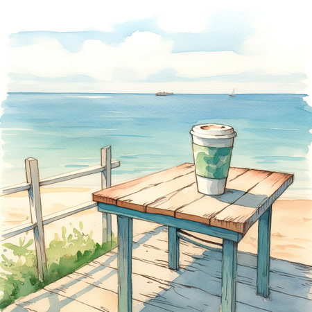 Watercolor coffee cup on wooden table by the seaの素材