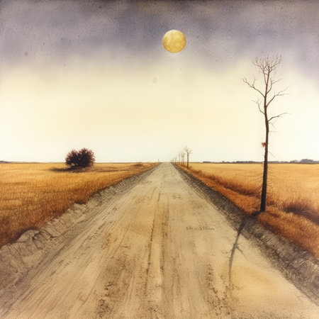 Landscape with dirt road and dry tree.の素材