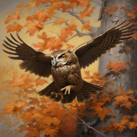 Owl flying in the autumn forest.の素材