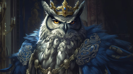 Owl in a blue costume with a crown on his head.の素材