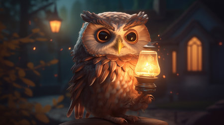 Owl with a lantern in his hand on the background of the houseの素材