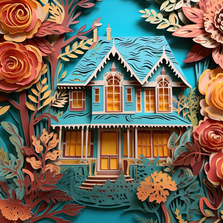 Colorful paper cut of a house with flowers on a blue backgroundの素材