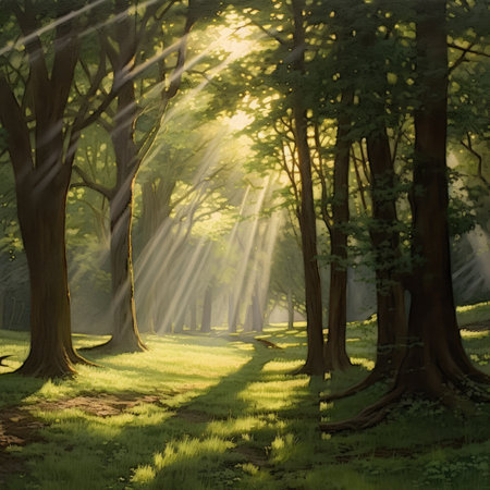 Beautiful fantasy forest with sunbeams in the morning light.の素材