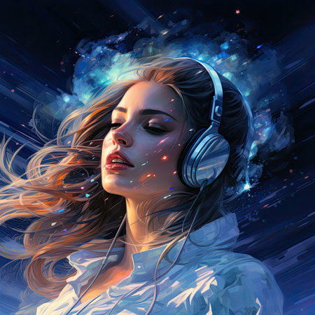 Beautiful girl with headphones listening to music. 3D rendering.の素材