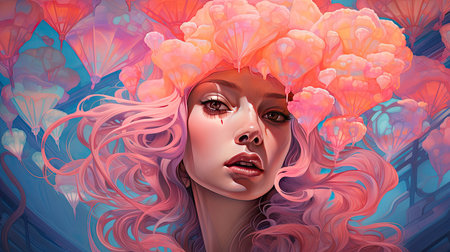 Fantasy portrait of a beautiful girl with pink hair.の素材