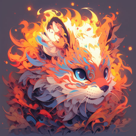 Illustration of a cat with a pattern of fire.の素材