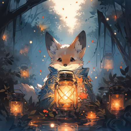 Cute fox with a lantern in the forest.の素材