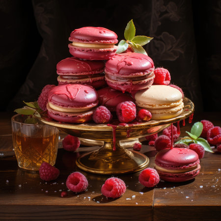 Macaroons with raspberries on a golden stand on a dark backgroundの素材
