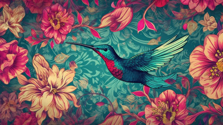 Vintage background with flowers and hummingbird.の素材