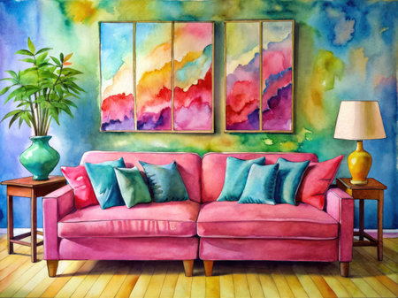 Interior of living room with pink sofa, coffee table and plant.の素材