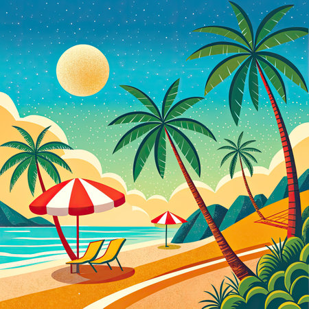 Beach with palm trees and sun loungers,の素材