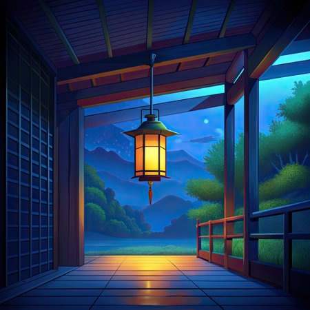 Illustration of a wooden balcony with a lantern in the evening.の素材