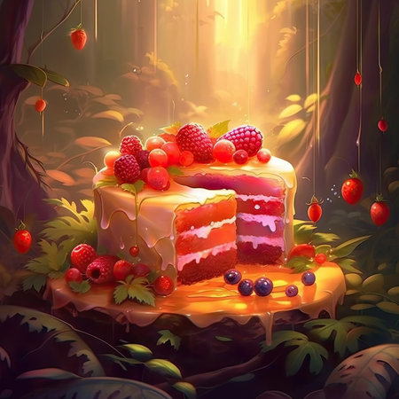 Cake with berries on the background of the forestの素材