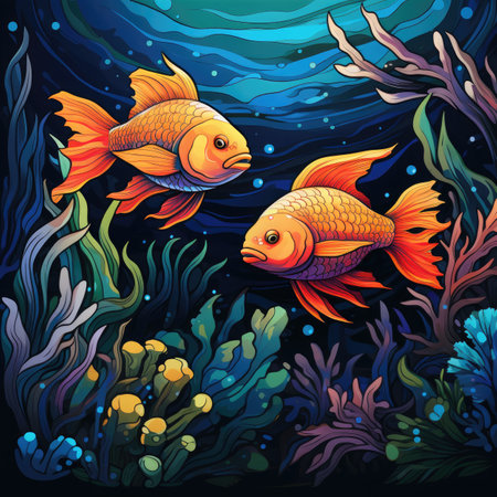 Underwater scene with goldfish and seaweed.の素材