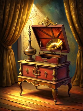 Retro background with antique chest and drapery.の素材