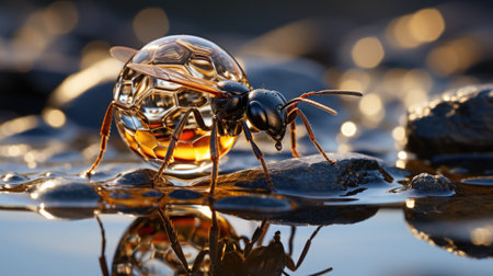 Close up of a black ant on a glass with water drops.の素材