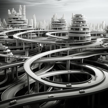a futuristic city in black and white with roadsの素材