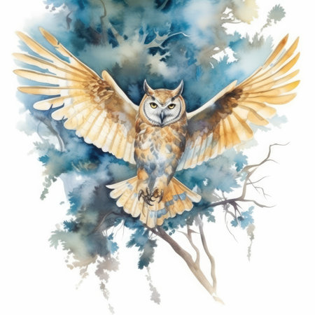 Watercolor illustration of an owl on a tree branch.の素材