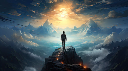Conceptual business man standing on top of a mountain with sunrise backgroundの素材