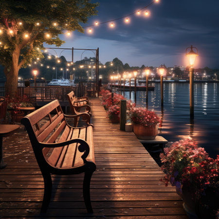 Wooden bench on the pier at nightの素材