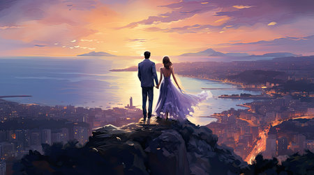 Wedding couple in love on the top of the mountain.の素材
