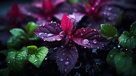 Fresh basil leaves with dew drops on dark background, close upの素材