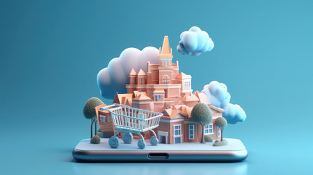 Smartphone with shopping cart and cloud.の素材