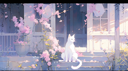 White cat on the porch of a house with pink cherry blossomsの素材