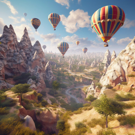 Hot air balloons flying over rock landscape.の素材