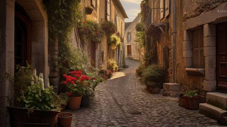 Street with flowers in the old townの素材