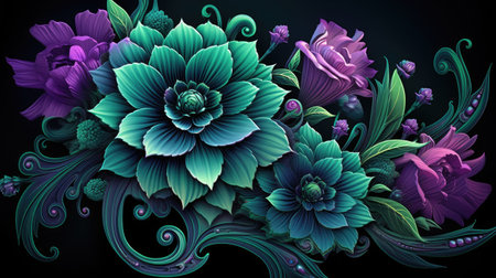 Abstract floral background with dahlias, leaves and swirls.の素材