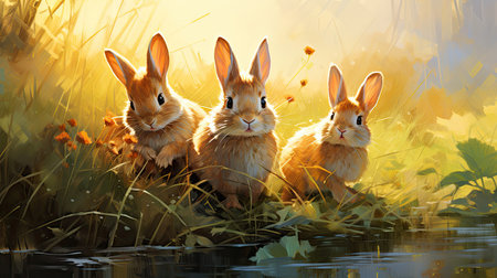 Rabbits in the grass at sunset.の素材