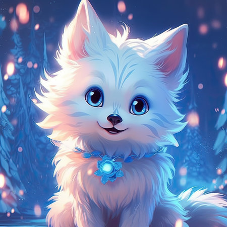 Cute white puppy with blue eyes in winter forest.の素材