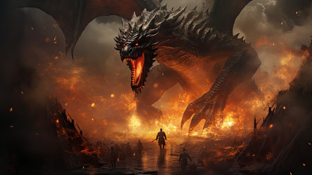 Fantasy scene with monster and dragonの素材