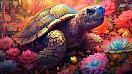 a tortoise in a meadow of flowers.の素材