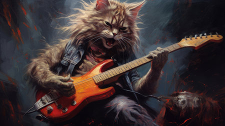 Fantasy portrait of a cat playing the electric guitar on a dark background.の素材