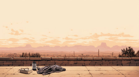 Sunset in the desert with a cup of coffee on the terraceの素材
