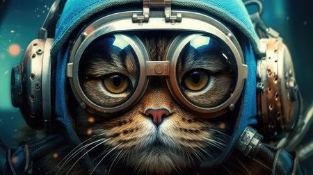Portrait of a cat in an aviator helmet and goggles.の素材