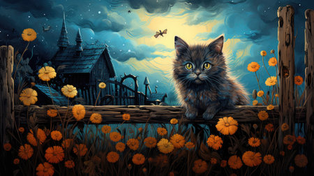 cartoon scene with cat in the meadowの素材
