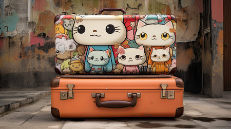 Suitcase with funny cats on the street.の素材