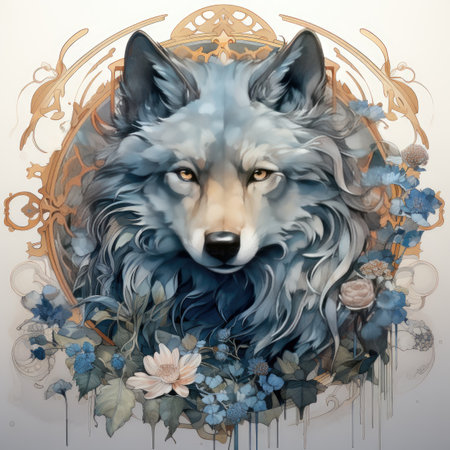 Portrait of a wolf in a frame of flowers.の素材