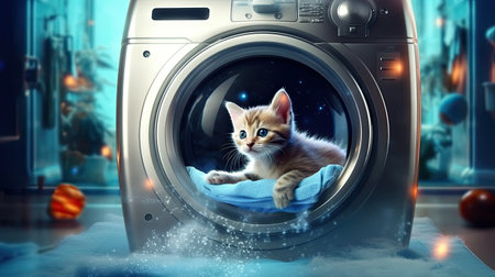 Cute kitten inside the washing machine at home.の素材