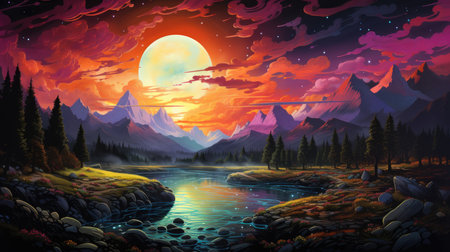 Fantasy landscape with mountain lake and forest on the background of the moonの素材